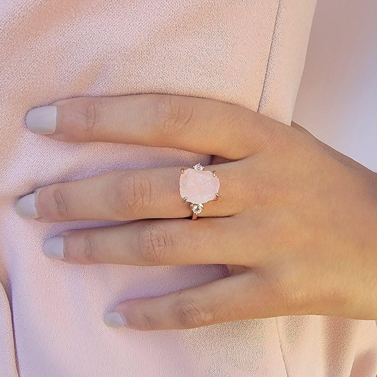 Raw Rose Quartz Crystal Ring - Uniquelan Jewelry
