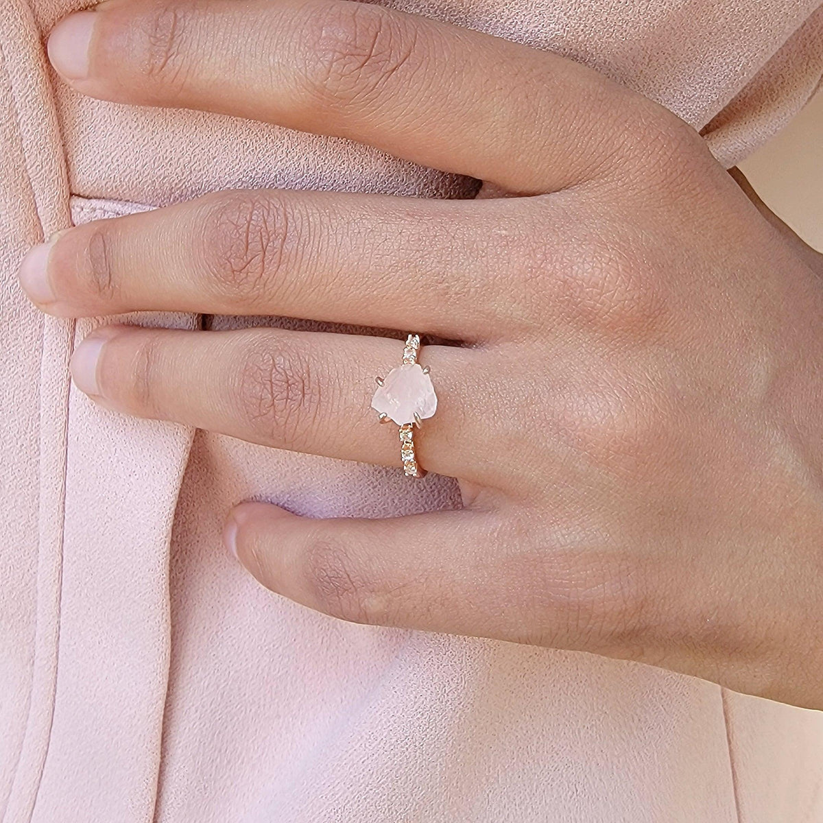Raw Rose Quartz Crystal Ring - Uniquelan Jewelry