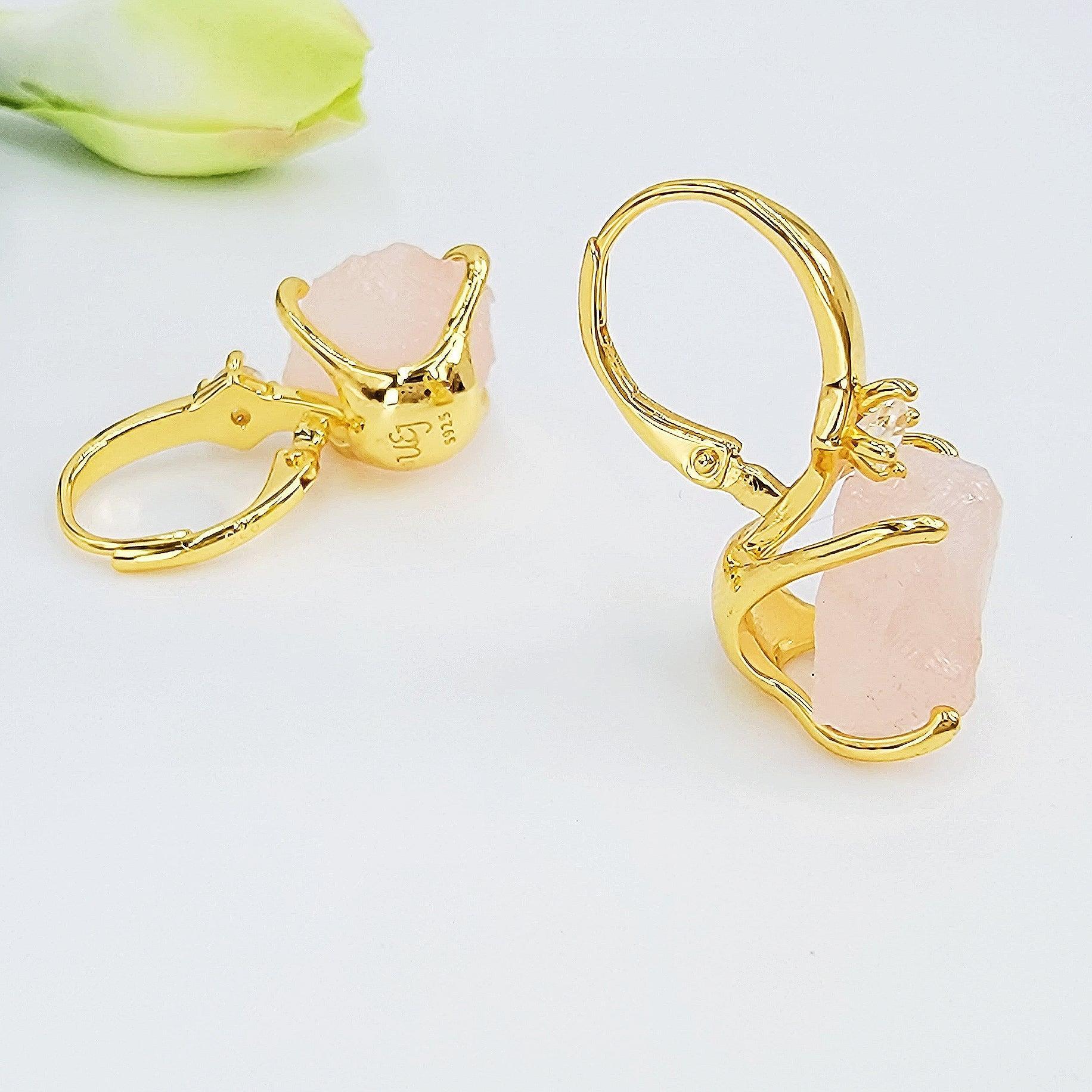 Raw Rose Quartz Drop Earrings - Uniquelan Jewelry display picture 1