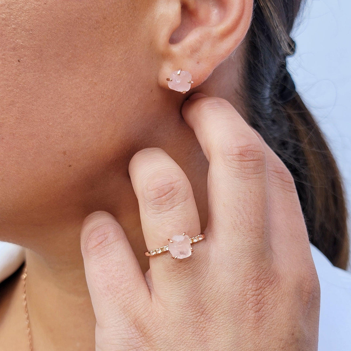 Raw Rose Quartz Stud and Ring Set - Uniquelan Jewelry
