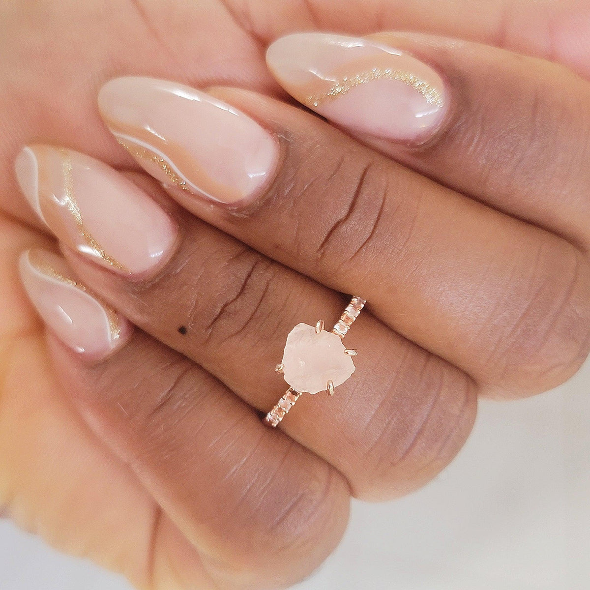 Raw Rose Quartz Stud and Ring Set - Uniquelan Jewelry