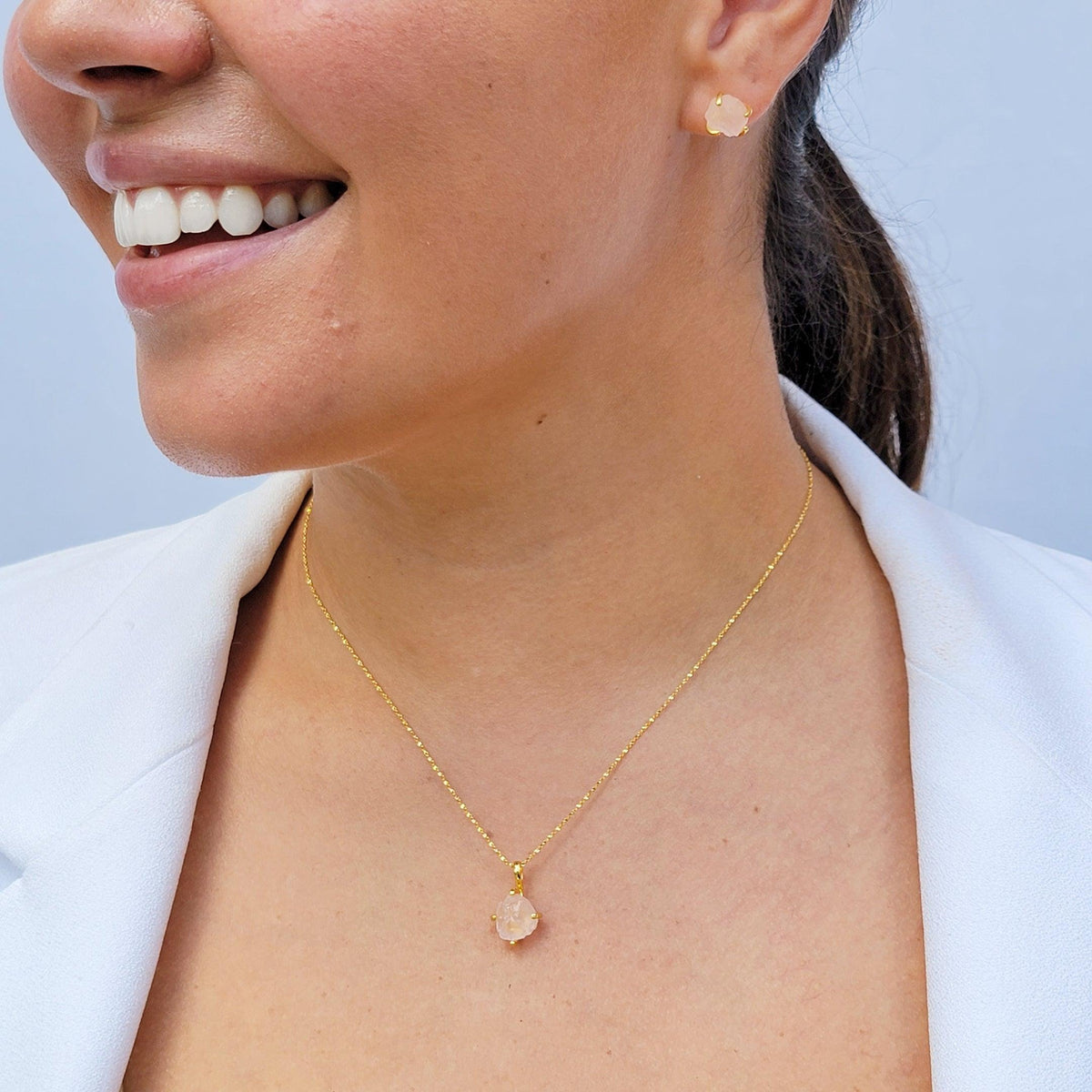 Raw Rose Quartz Stud Necklace Set - Uniquelan Jewelry