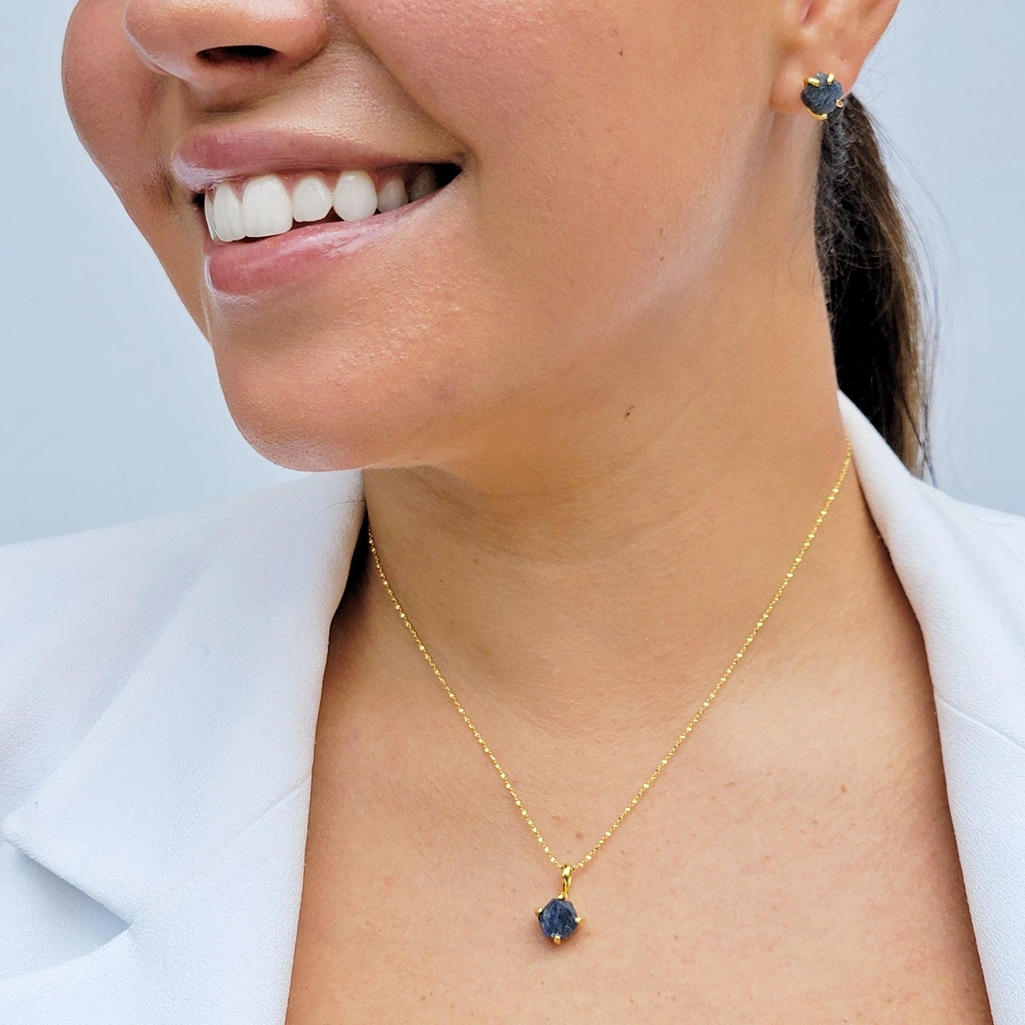 Raw Sapphire Necklace and Stud Earrings Set - Uniquelan Jewelry