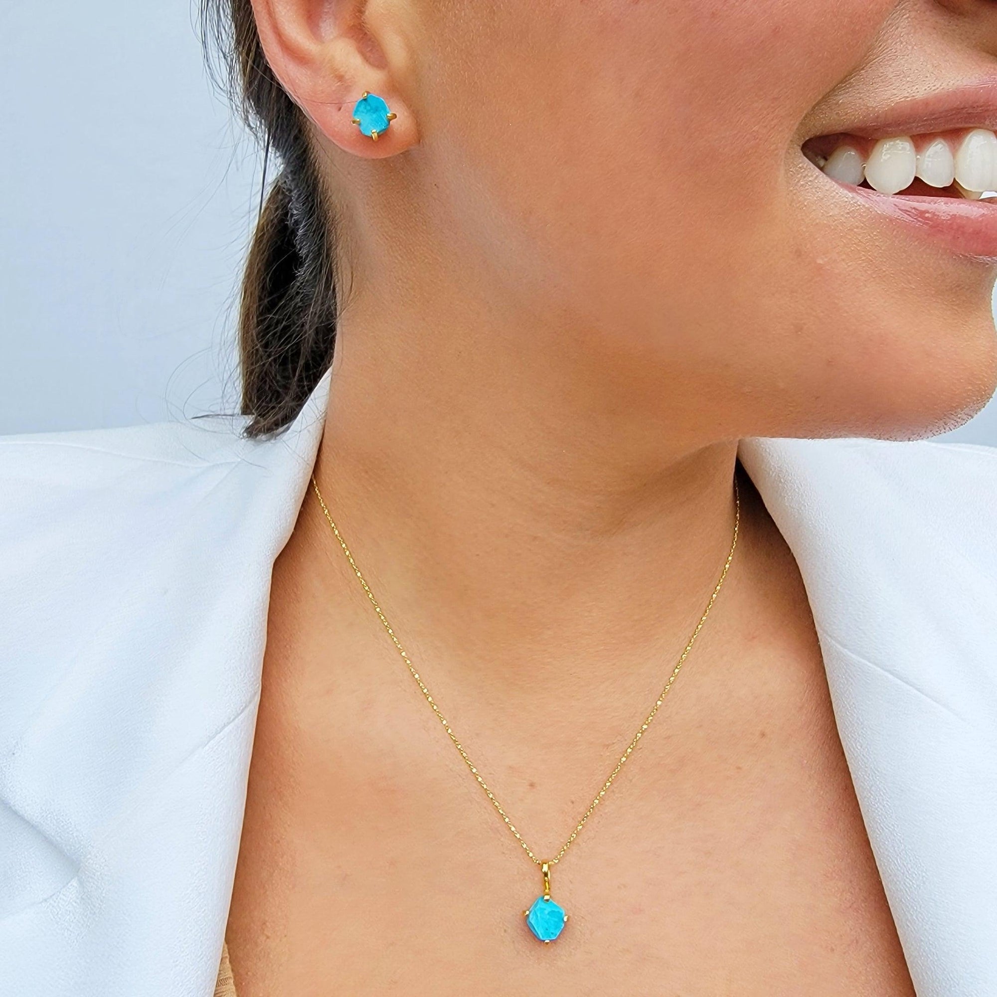Raw Turquoise Necklace and Stud Earrings Set - Uniquelan Jewelry