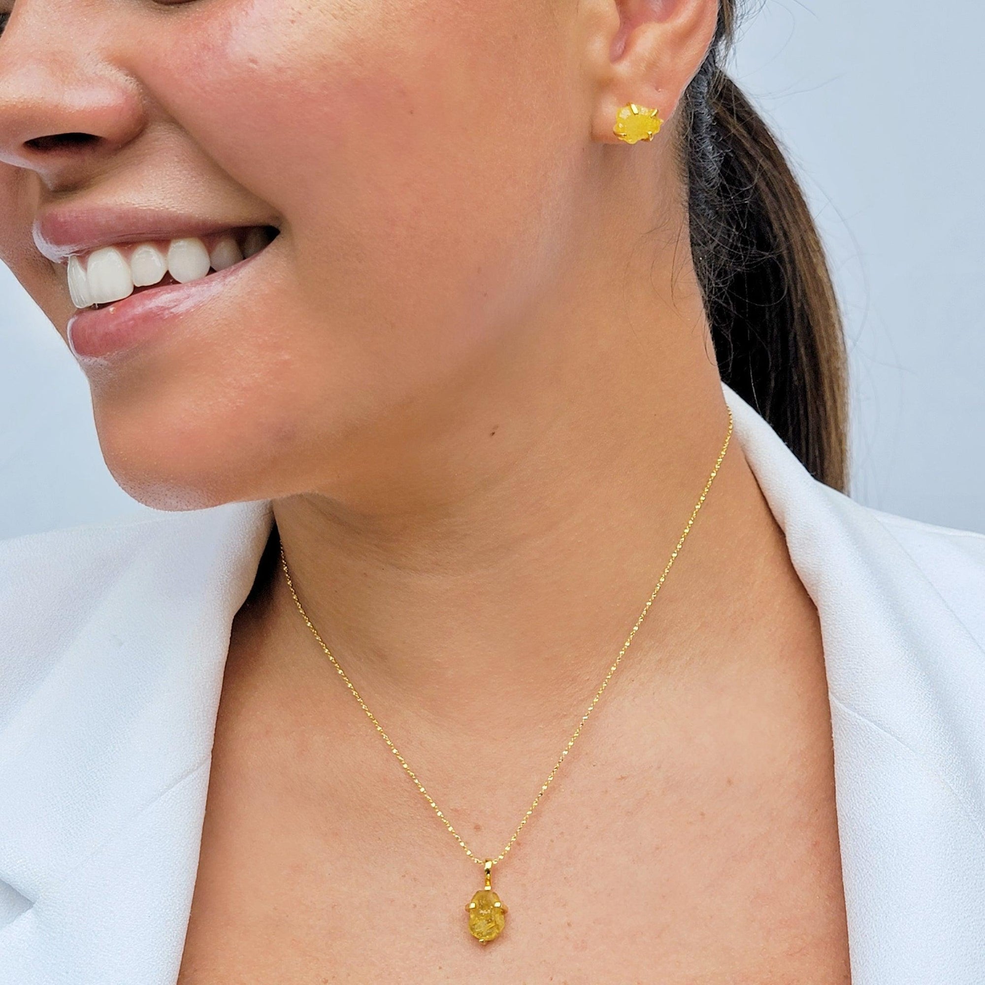 Raw Yellow Sapphire Necklace and Stud Set - Uniquelan Jewelry