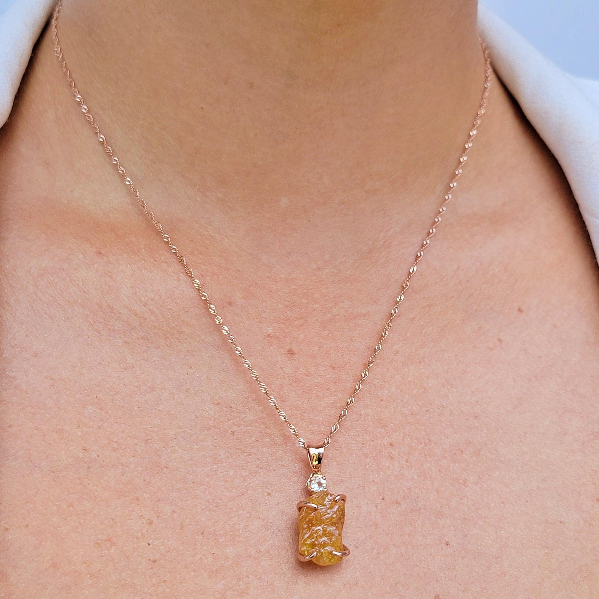 Raw Yellow Sapphire Necklace Rose Gold - Uniquelan Jewelry
