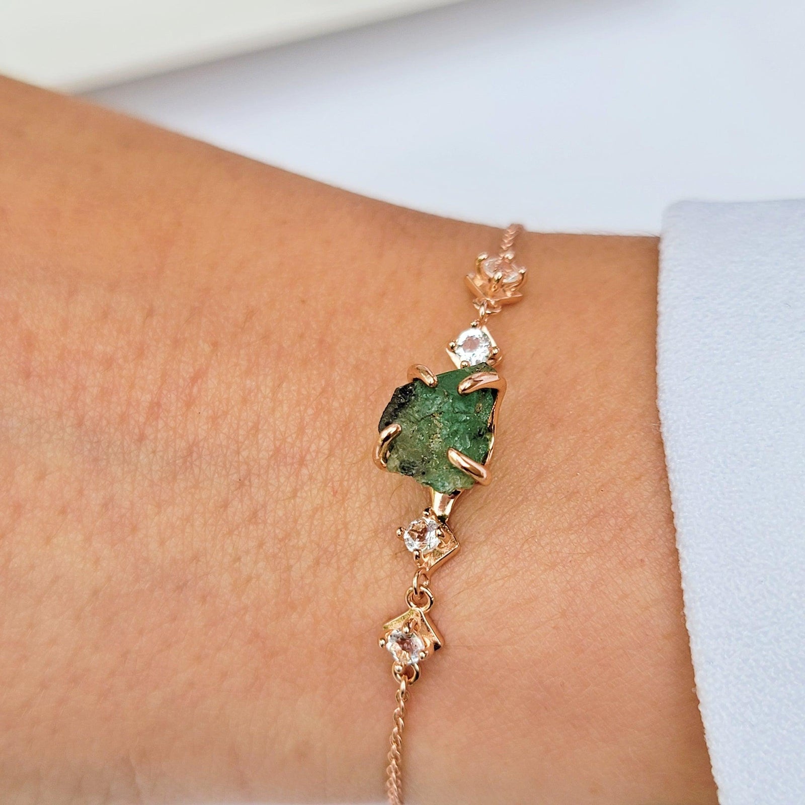 Raw Zambia Emerald Chain Bracelet - Uniquelan Jewelry