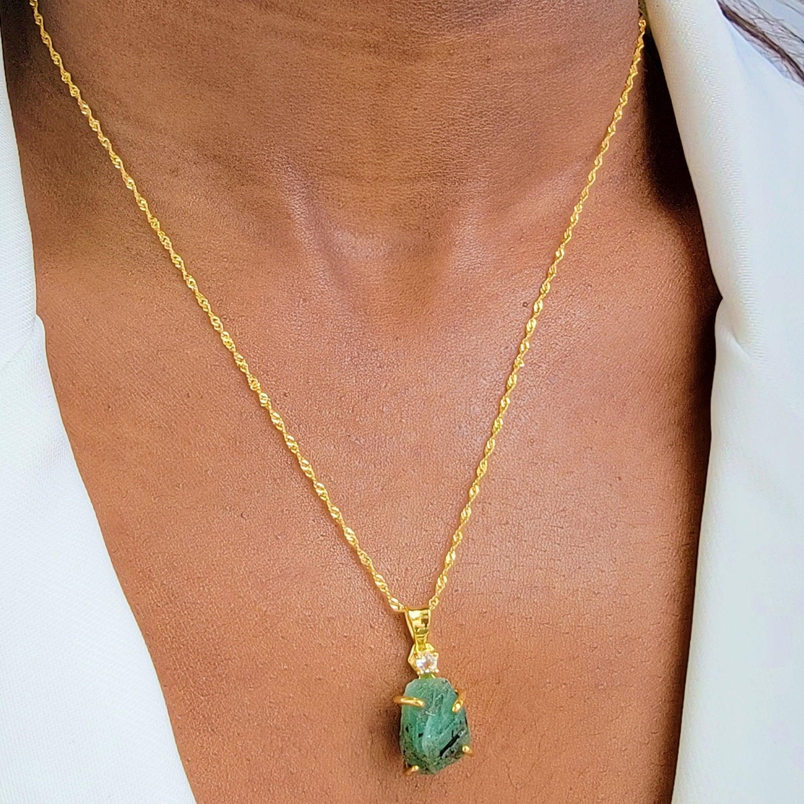 Raw Zambia Emerald Necklace - Uniquelan Jewelry