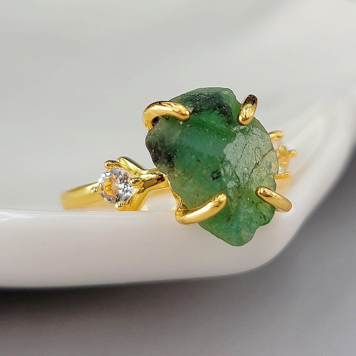 Raw Zambia Emerald Ring and Bracelet Set - Uniquelan Jewelry