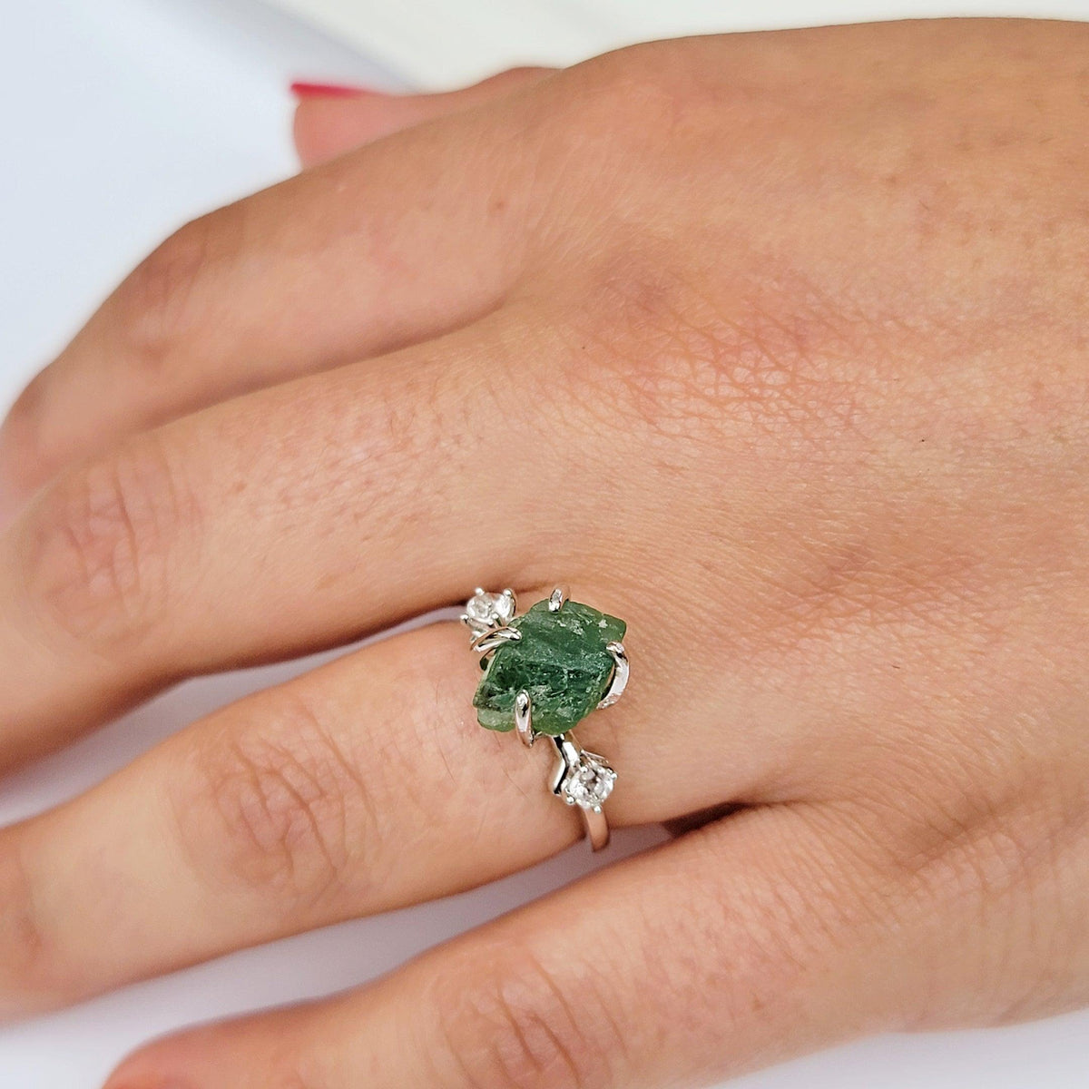 Raw Zambia Emerald Ring and Bracelet Set - Uniquelan Jewelry