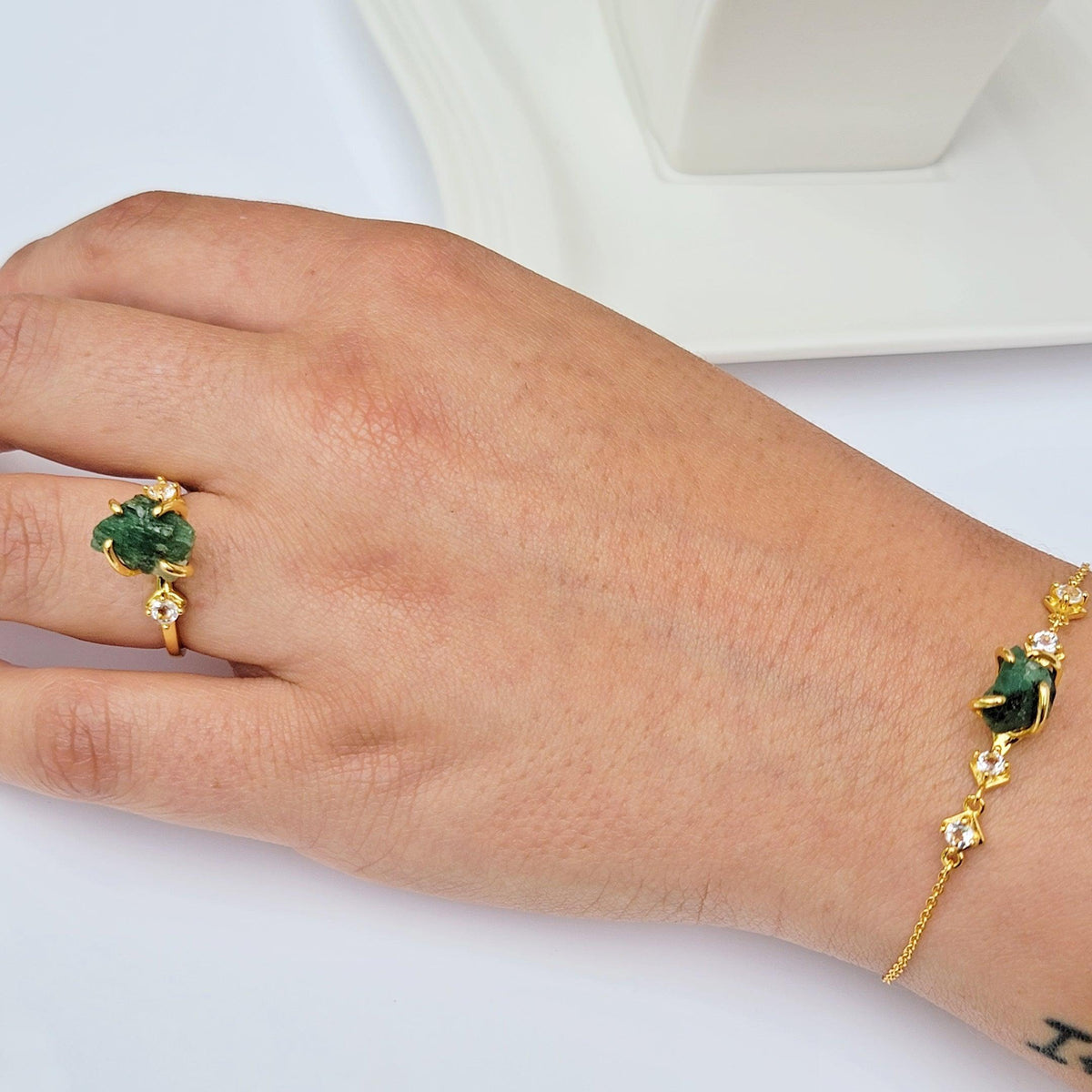 Raw Zambia Emerald Ring and Bracelet Set - Uniquelan Jewelry