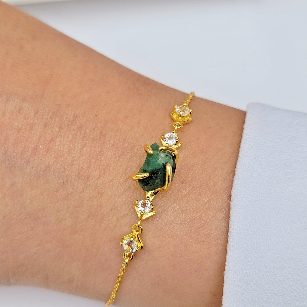 Raw Zambia Emerald Ring and Bracelet Set - Uniquelan Jewelry