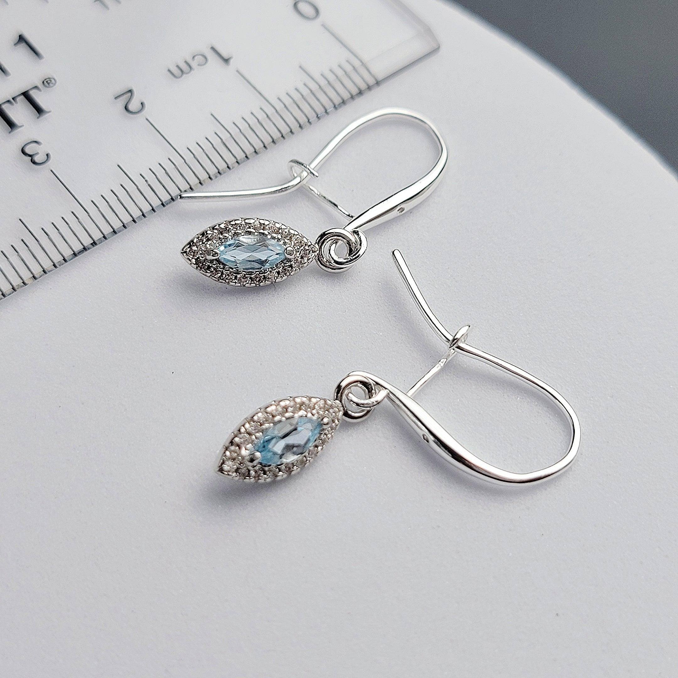 9ct Gold Blue Topaz & .10ct Diamond Drop Earrings in Blue | Angus & Coote