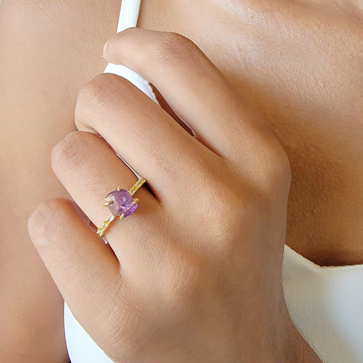 Real Raw Amethyst Tiny Ring - Uniquelan Jewelry