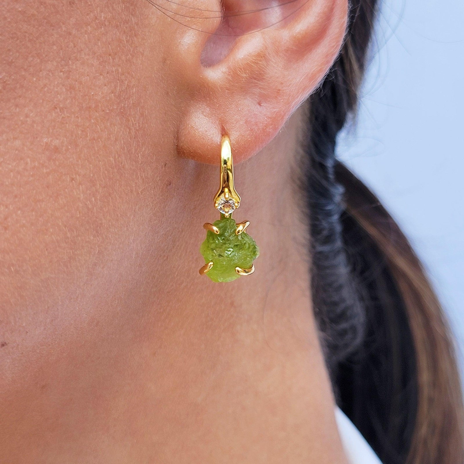 Real Raw Peridot Drop Earrings - Uniquelan Jewelry