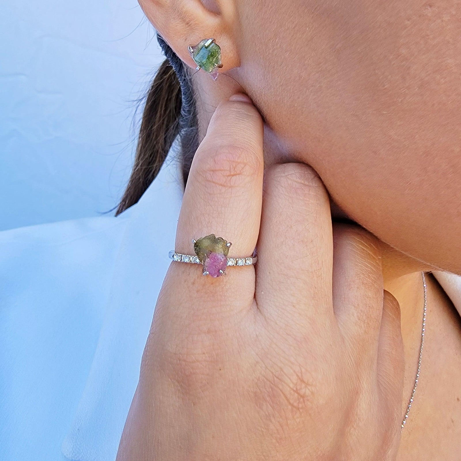 Watermelon Tourmaline Ring Stud Set - Uniquelan Jewelry